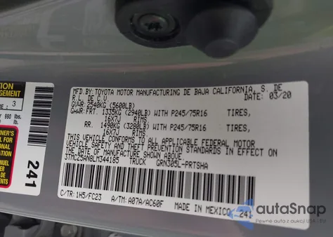 2020 Toyota Tacoma Sr5 V6 from USA, damaged, VIN 3TMCZ5AN8LM344185